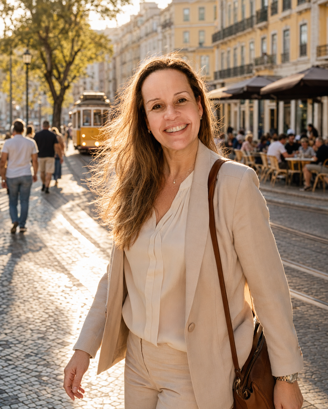 Celeste Miranda em Lisboa, com o elétrico amarelo ao fundo