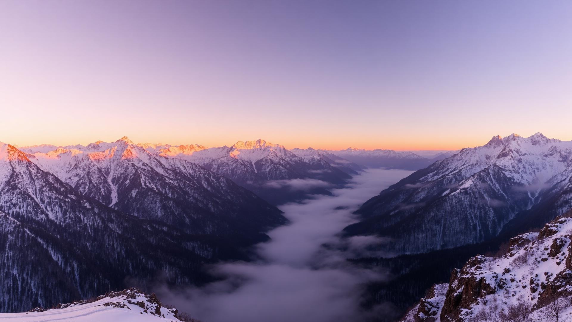Picos nevados dos Alpes ao amanhecer, com vale coberto de névoa